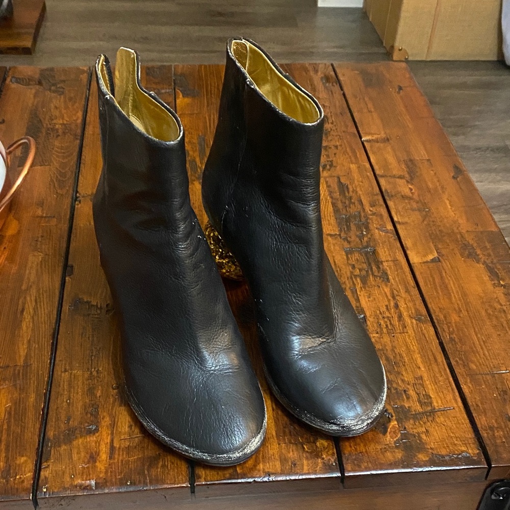 Maison Martin Margiela Distressed Black Ankle Boots with Gold Heel.